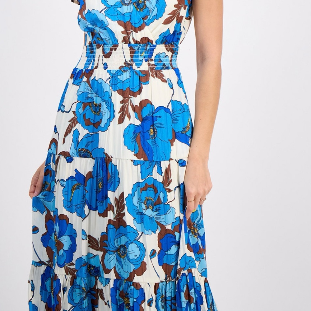 Floral Blue and Brown Women's Dress. Petite print short-sleeve maxi dress.